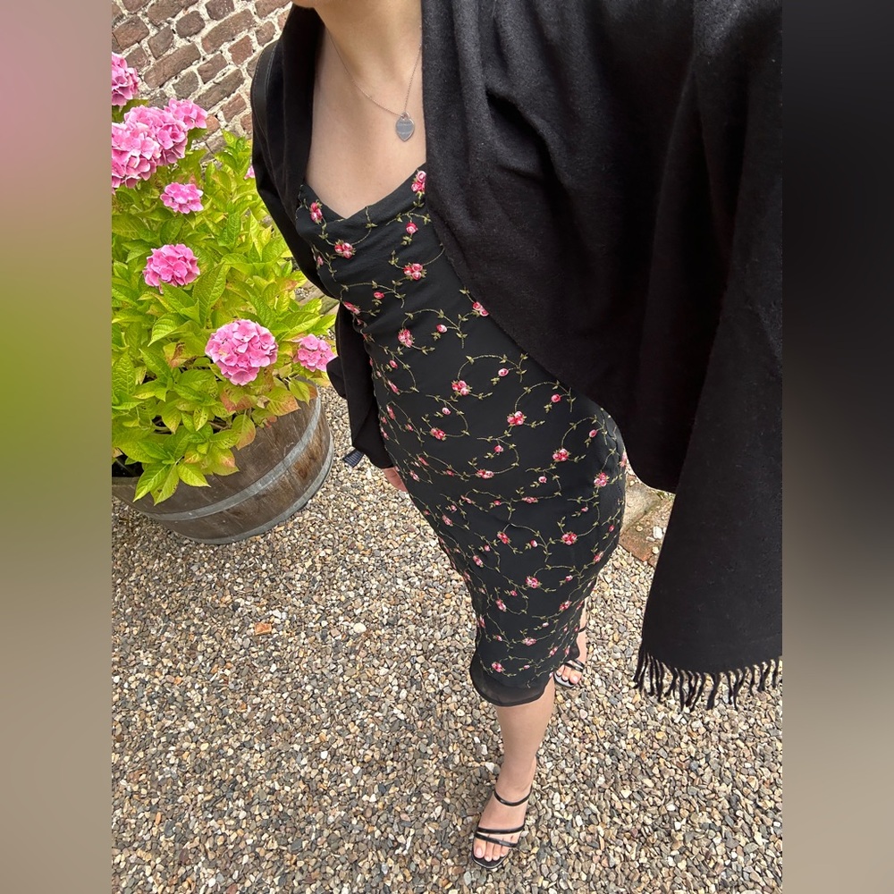 Vintage 90s Floral Embroidered Silk Dress